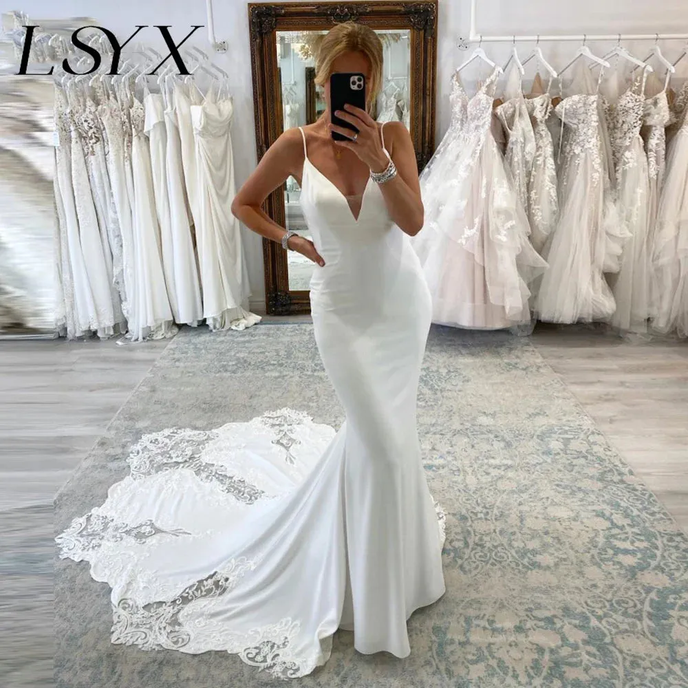 White Wedding Dress Spaghetti Straps Backless Lace Bridal Gown Custom Made
