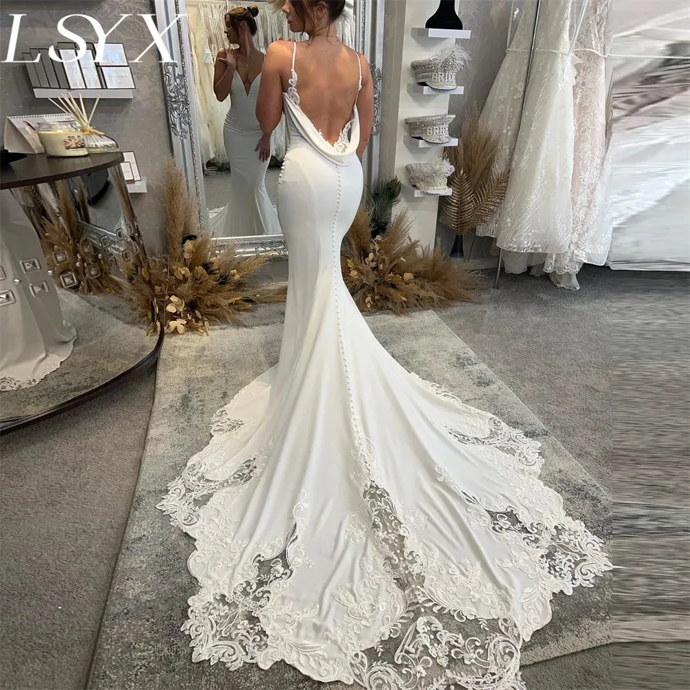 White Wedding Dress Spaghetti Straps Backless Lace Bridal Gown Custom Made