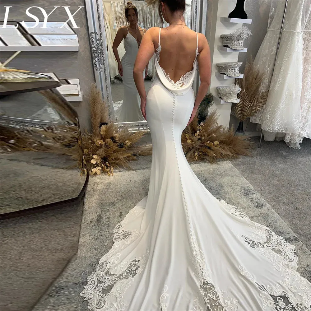 White Wedding Dress Spaghetti Straps Backless Lace Bridal Gown Custom Made