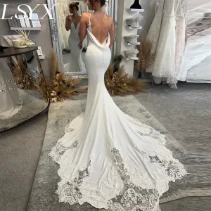 White Wedding Dress Spaghetti Straps Backless Lace Bridal Gown Custom Made