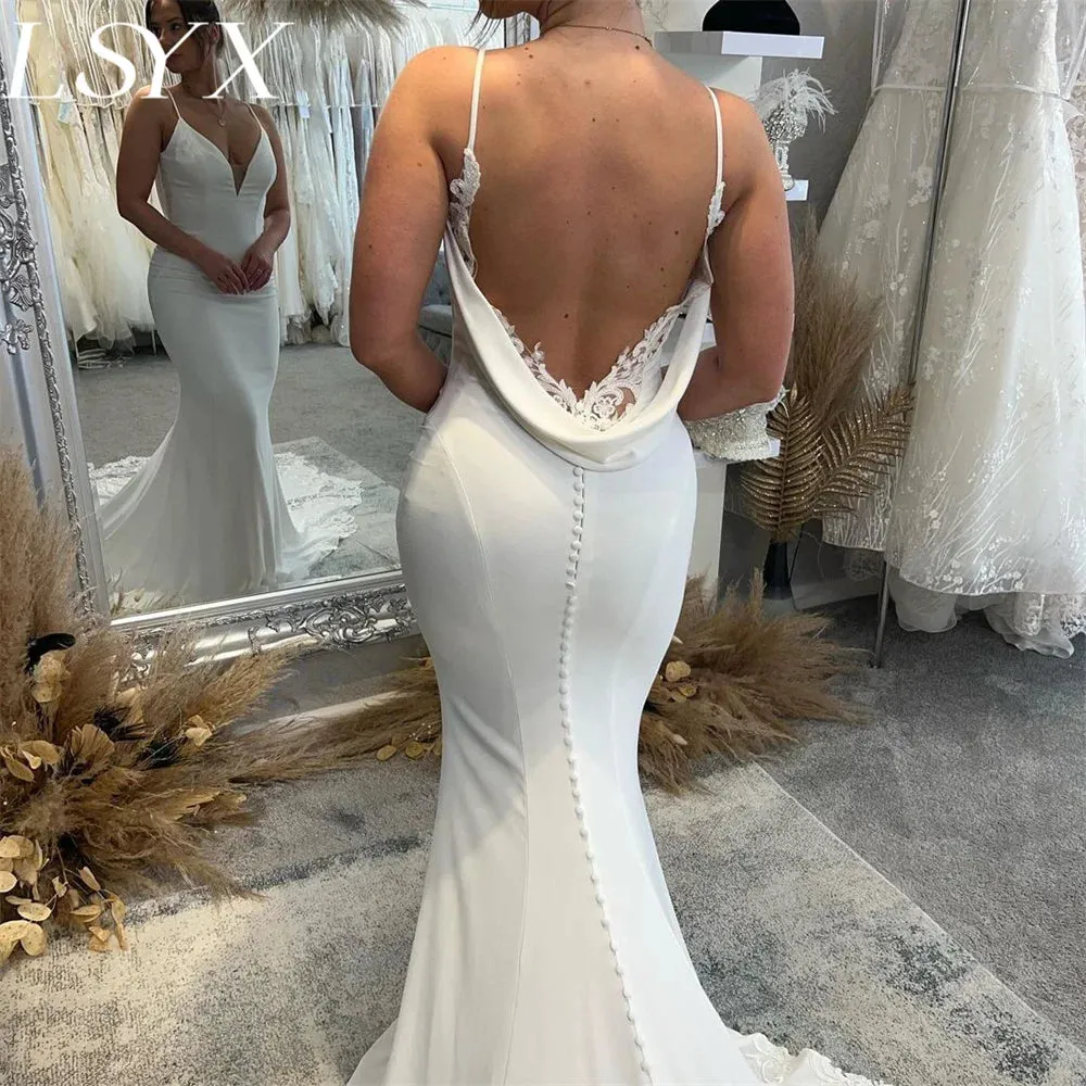 White Wedding Dress Spaghetti Straps Backless Lace Bridal Gown Custom Made