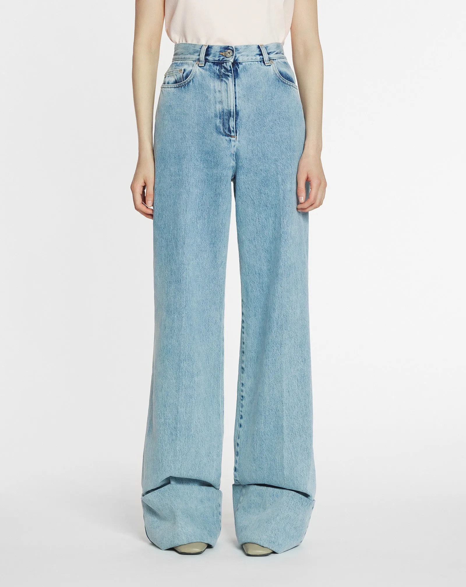 WIDE-LEG CUFFED DENIM PANTS