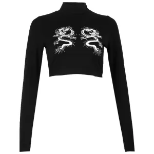 WLS Dark Double Dragon Print Cropped Sweatshirt