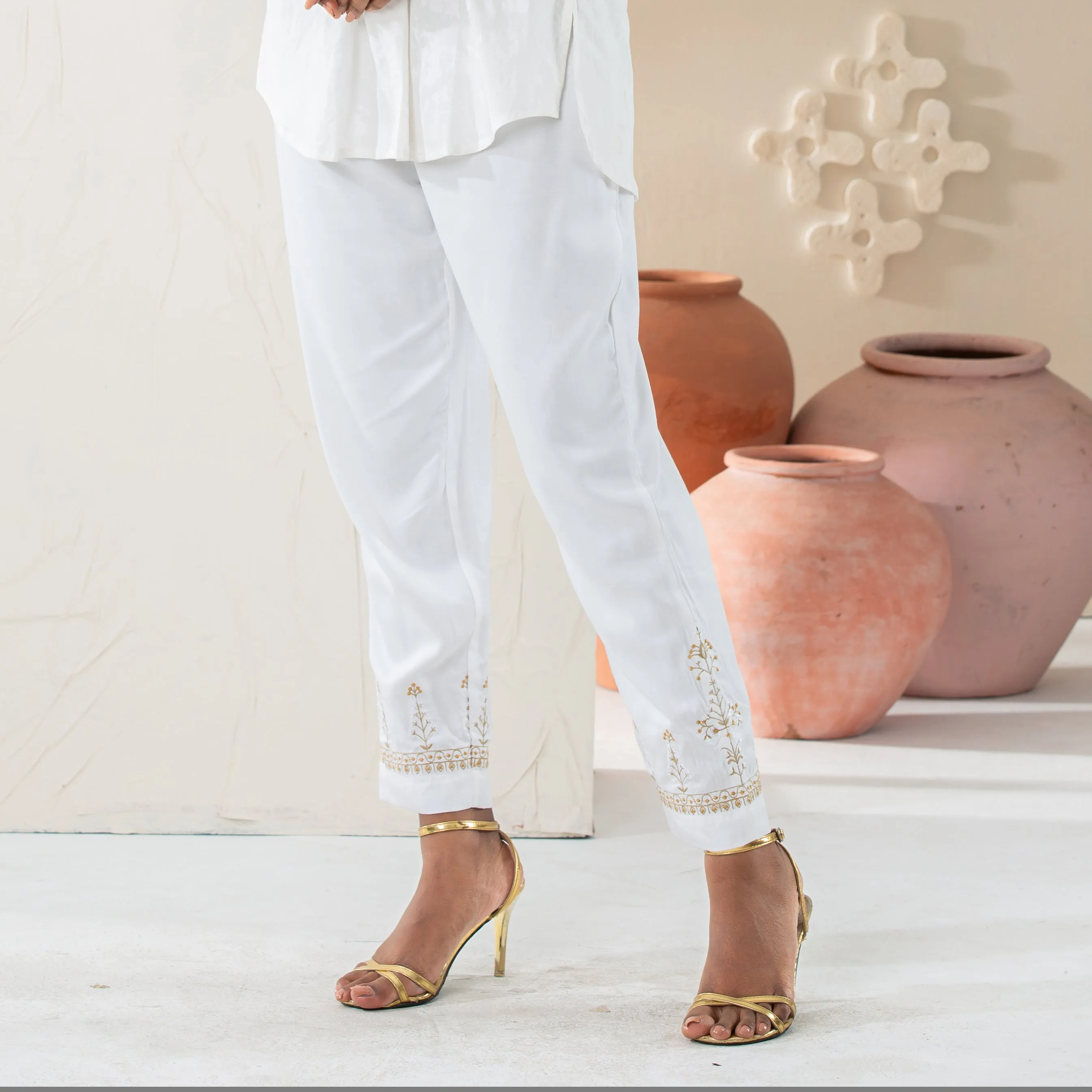 Women Beige Embroidered Bottom