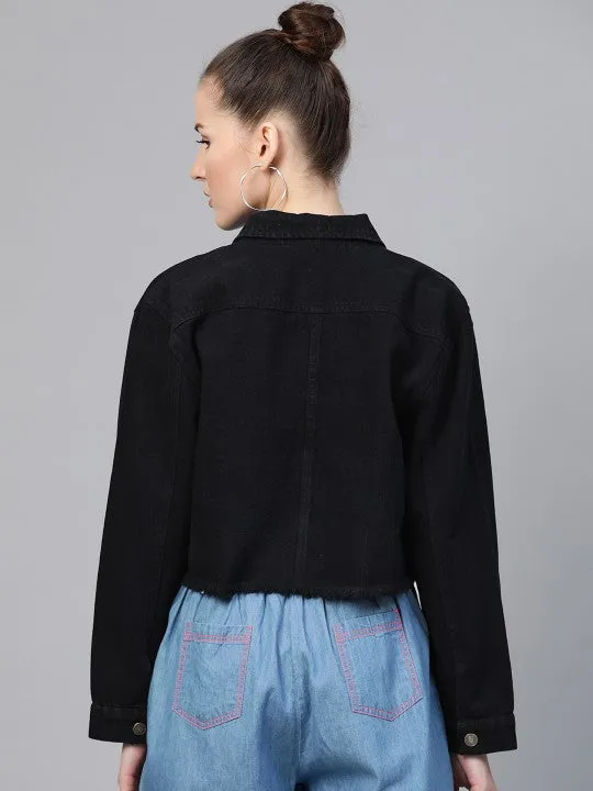 Women Black Solid Fringed Hem Denim Jacket
