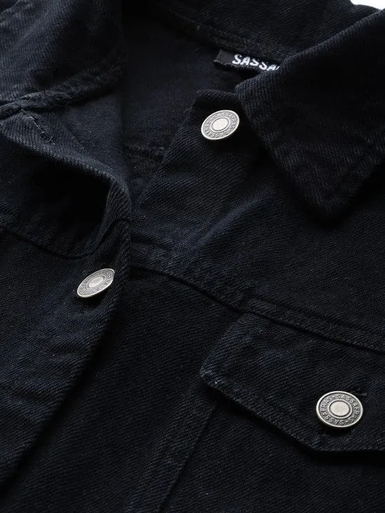 Women Black Solid Fringed Hem Denim Jacket