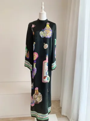 Women Bottle Jacquard Long Sleeve 100% Viscose Maxi Dress