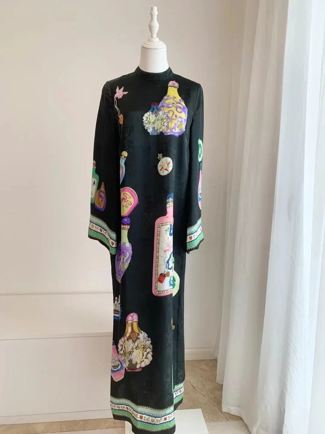 Women Bottle Jacquard Long Sleeve 100% Viscose Maxi Dress