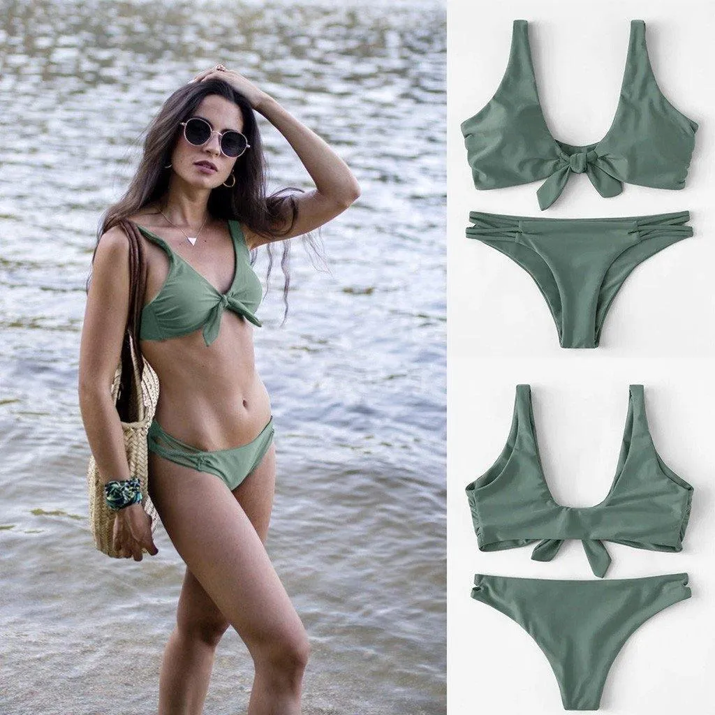 Women Sexy Solid Push-Up Padded Bra Beach Halter Bikini Set Swimsuit Swimwear B027