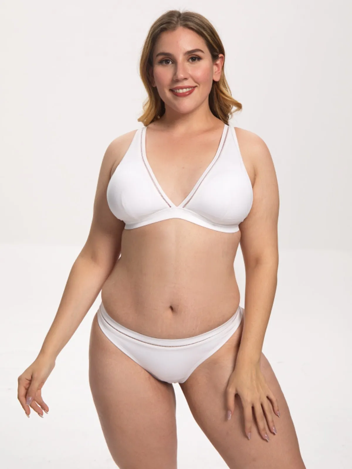 Women Sexy Two Piece Swimwear Plunge V Swimsuit Bikini Set White
