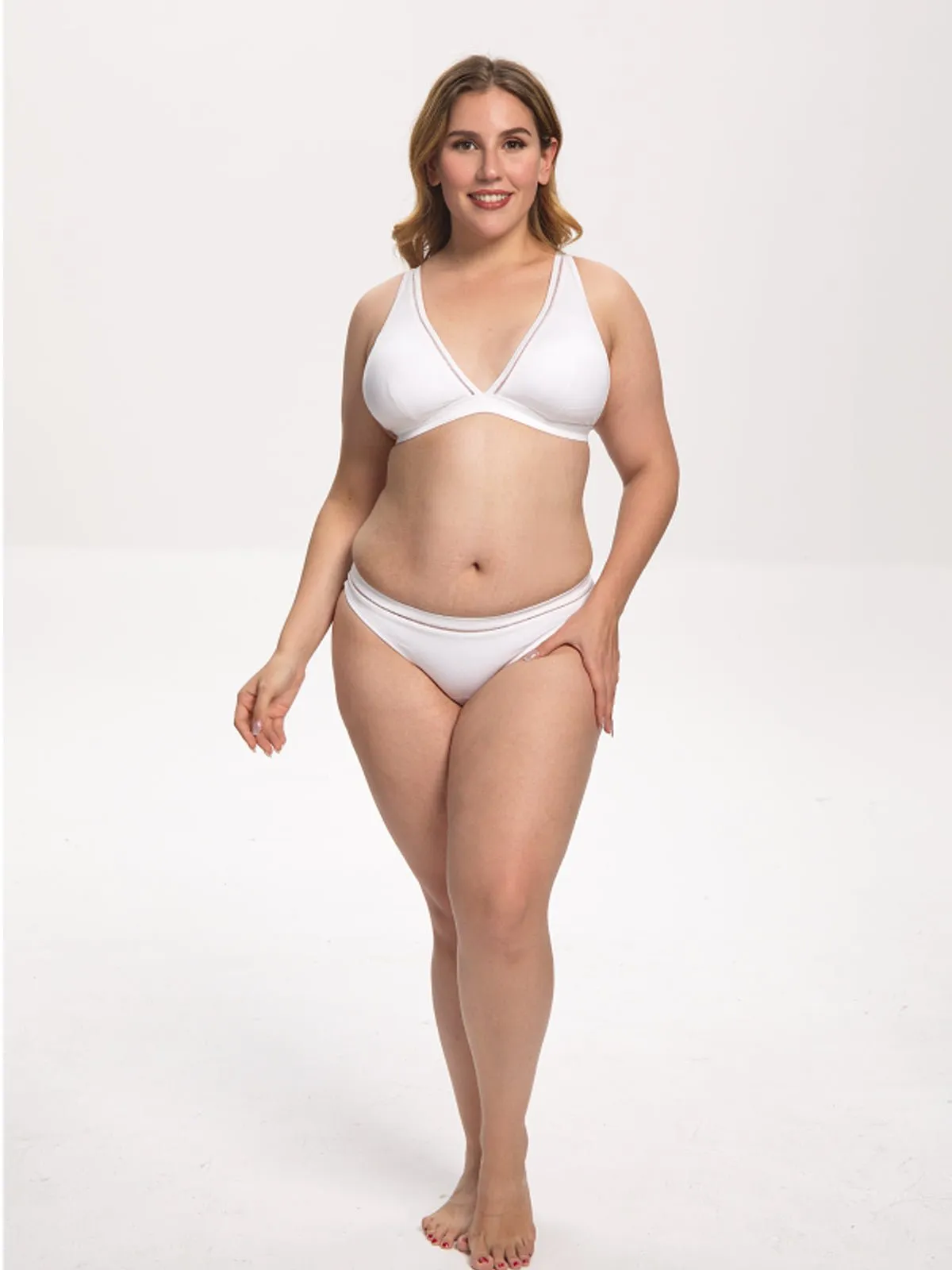Women Sexy Two Piece Swimwear Plunge V Swimsuit Bikini Set White