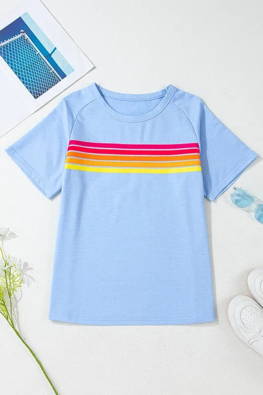 Women Striped Patch Front Casual Tee