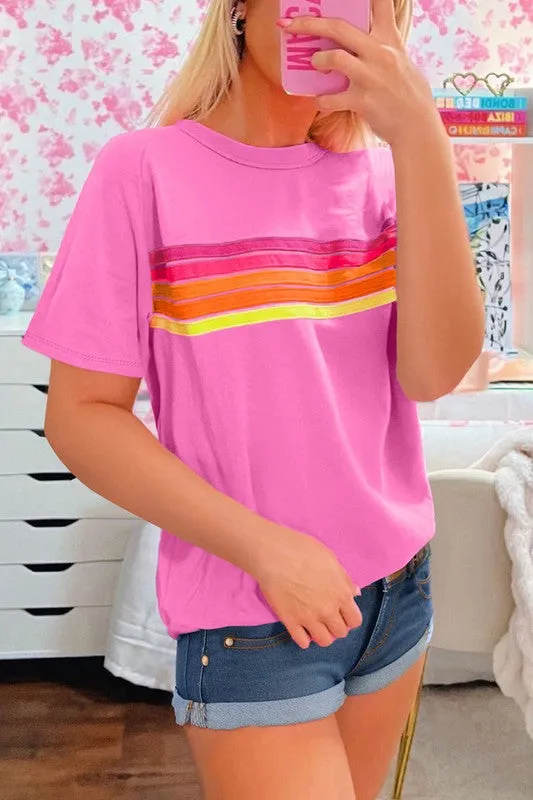 Women Striped Patch Front Casual Tee