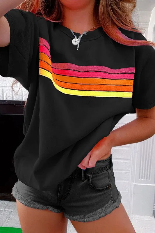 Women Striped Patch Front Casual Tee