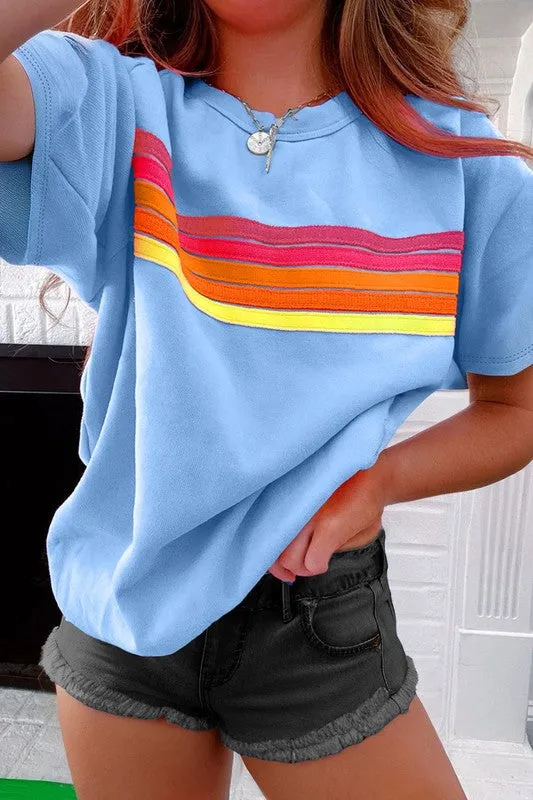 Women Striped Patch Front Casual Tee