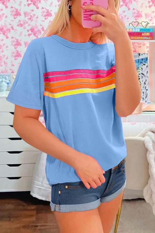 Women Striped Patch Front Casual Tee
