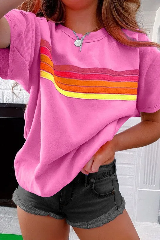 Women Striped Patch Front Casual Tee