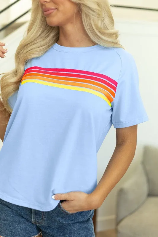 Women Striped Patch Front Casual Tee
