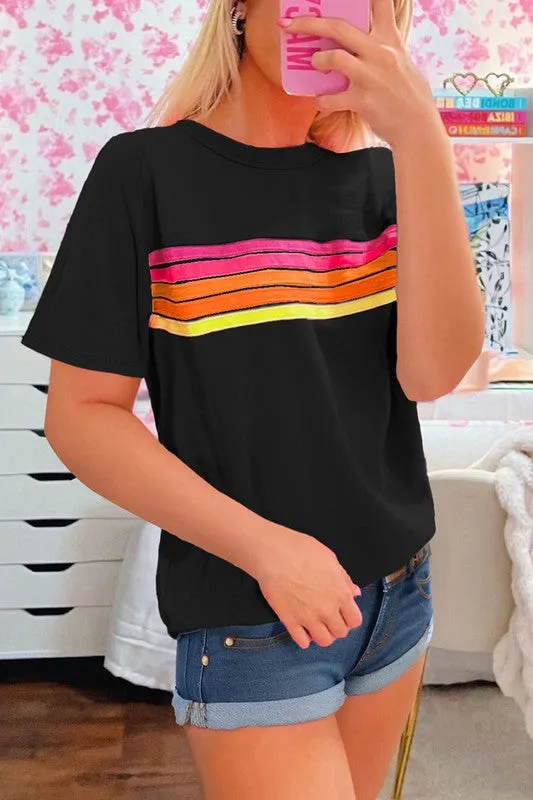 Women Striped Patch Front Casual Tee