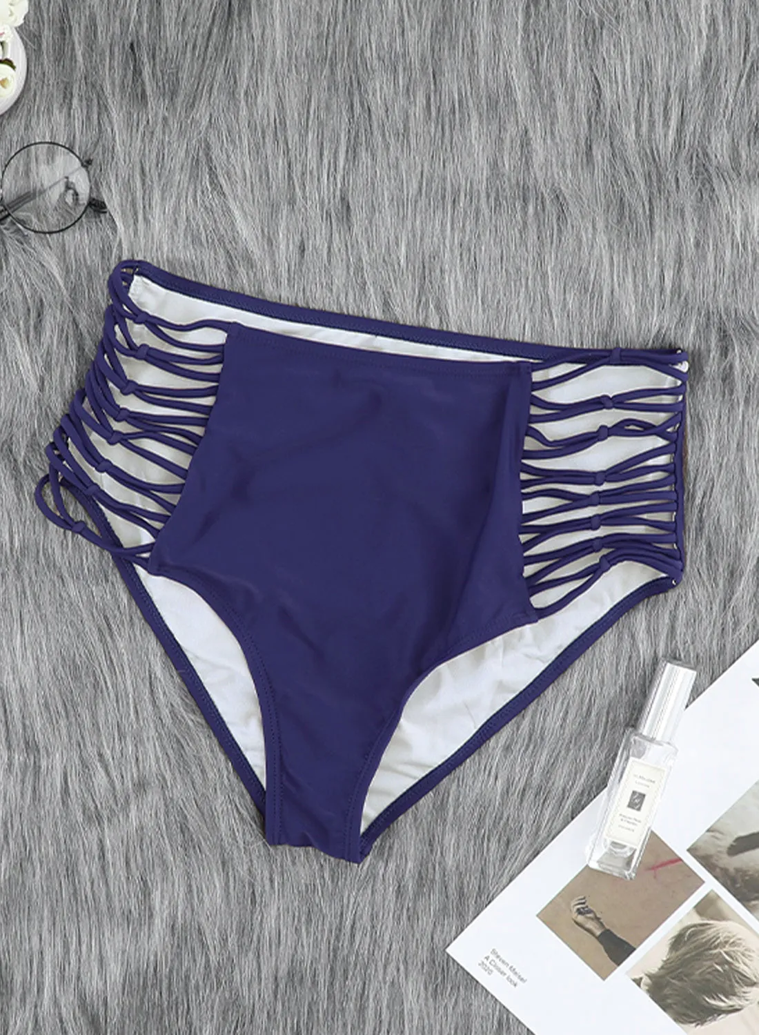 Women's Blue Hollow-out Sides High Waist Swim Bottoms