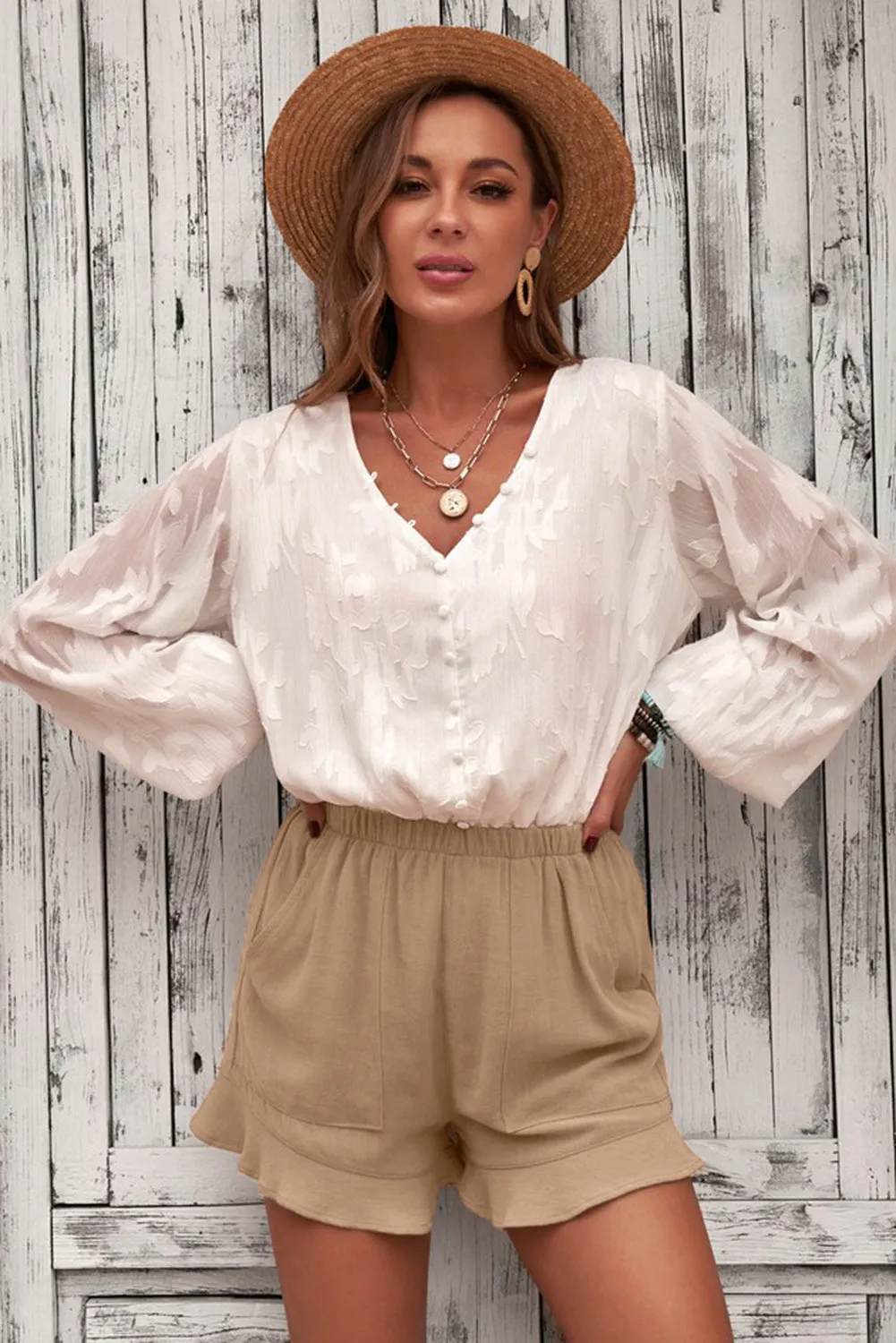 Women's Casual Pocketed Flutter Khaki Linen Cotton Shorts