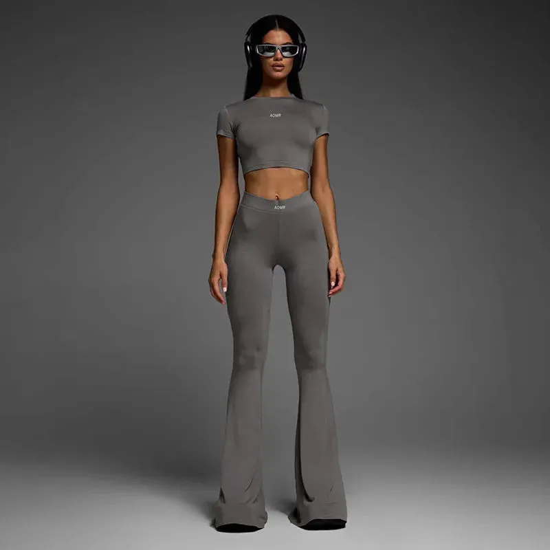 Women's Casual Two Piece Set with Short Sleeve Pullover and High Waist Bell-Bottoms