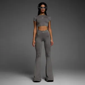 Women's Casual Two Piece Set with Short Sleeve Pullover and High Waist Bell-Bottoms