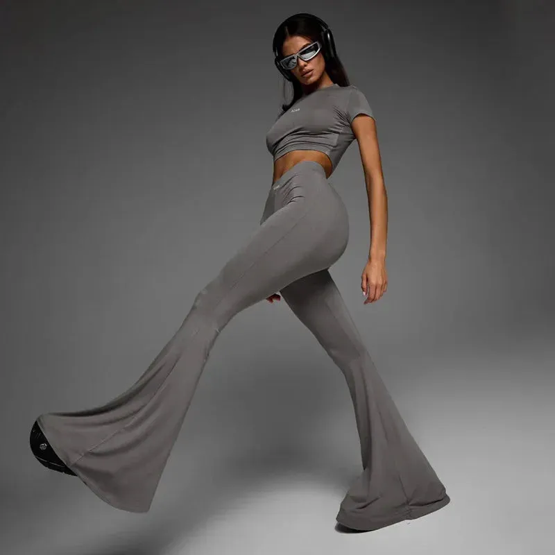 Women's Casual Two Piece Set with Short Sleeve Pullover and High Waist Bell-Bottoms