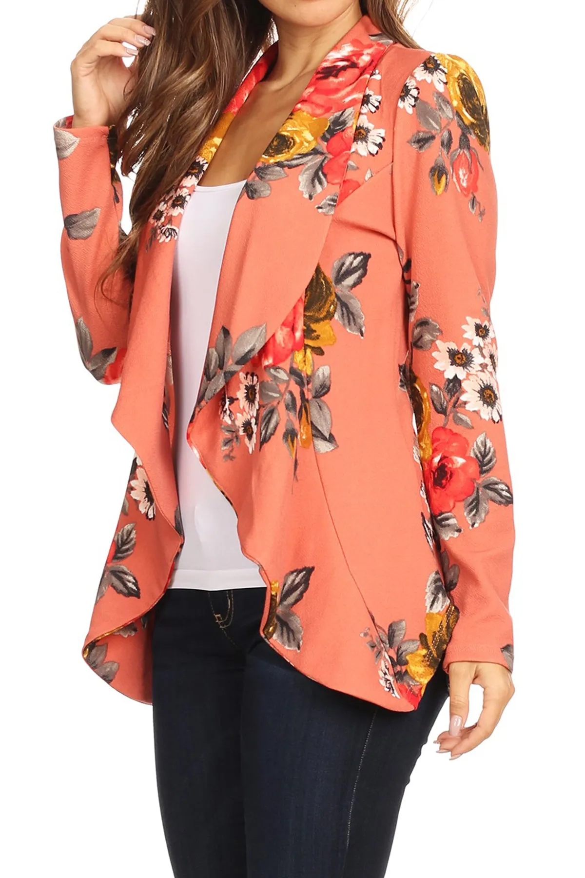 Women's Classic Floral Draped Open Front Lightweight Long Sleeve Blazer Jacket