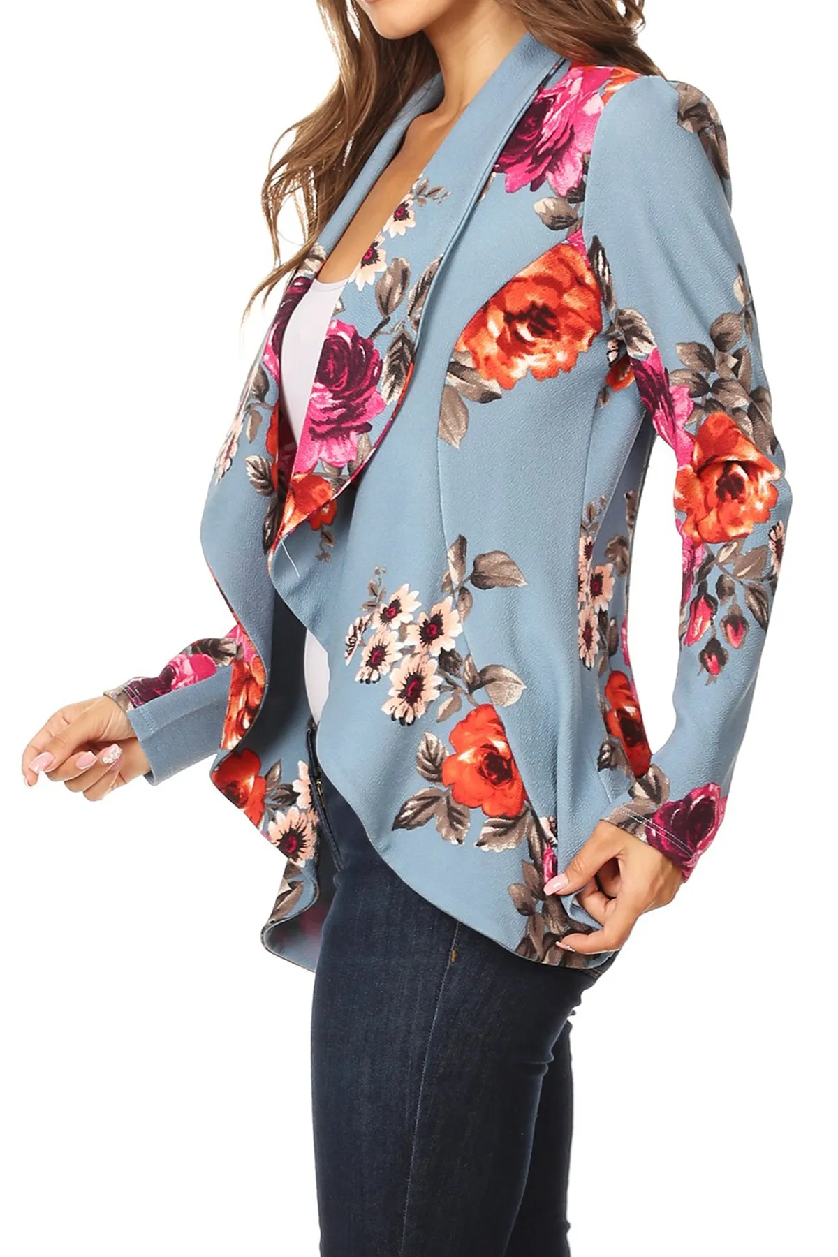 Women's Classic Floral Draped Open Front Lightweight Long Sleeve Blazer Jacket