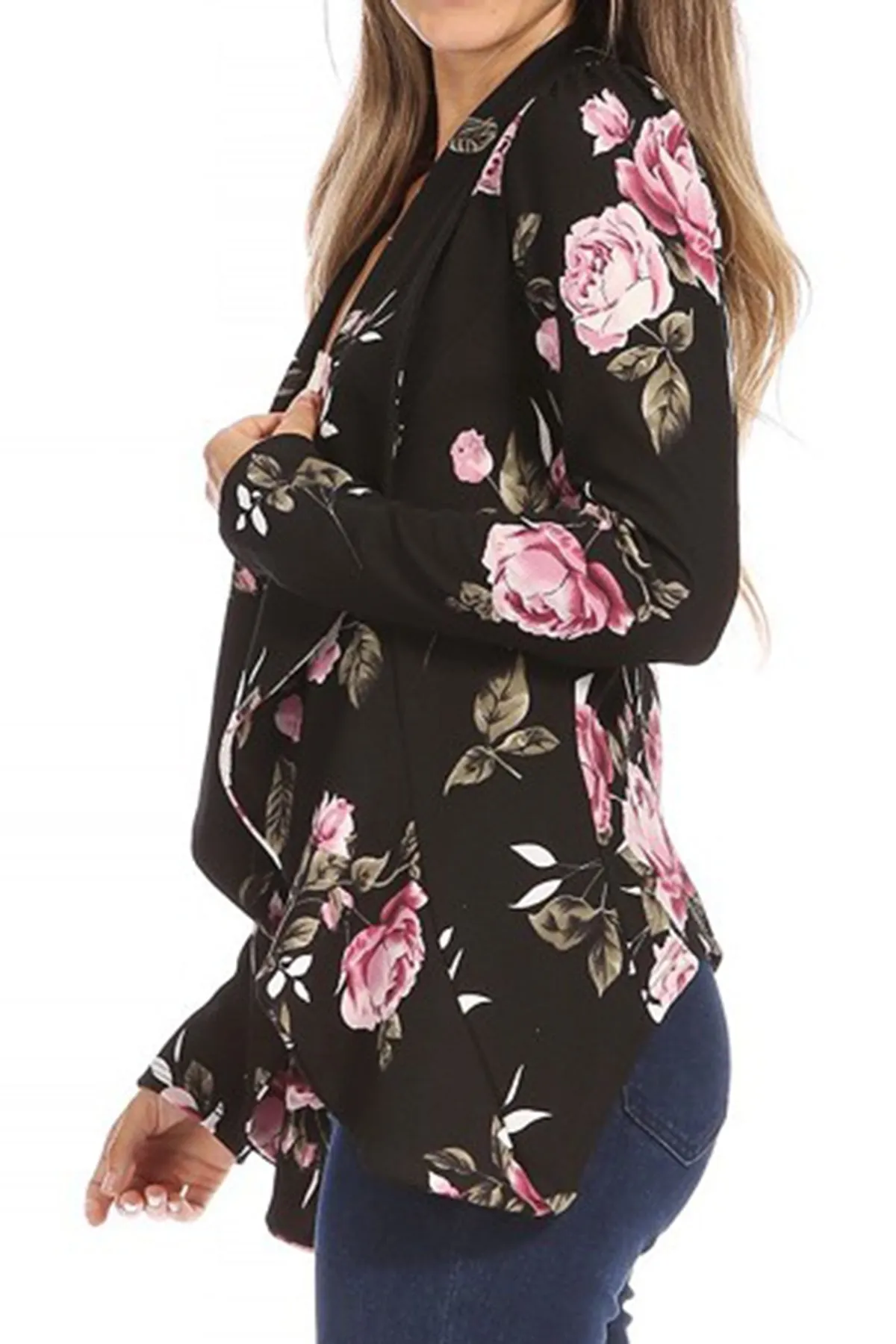 Women's Classic Floral Draped Open Front Lightweight Long Sleeve Blazer Jacket