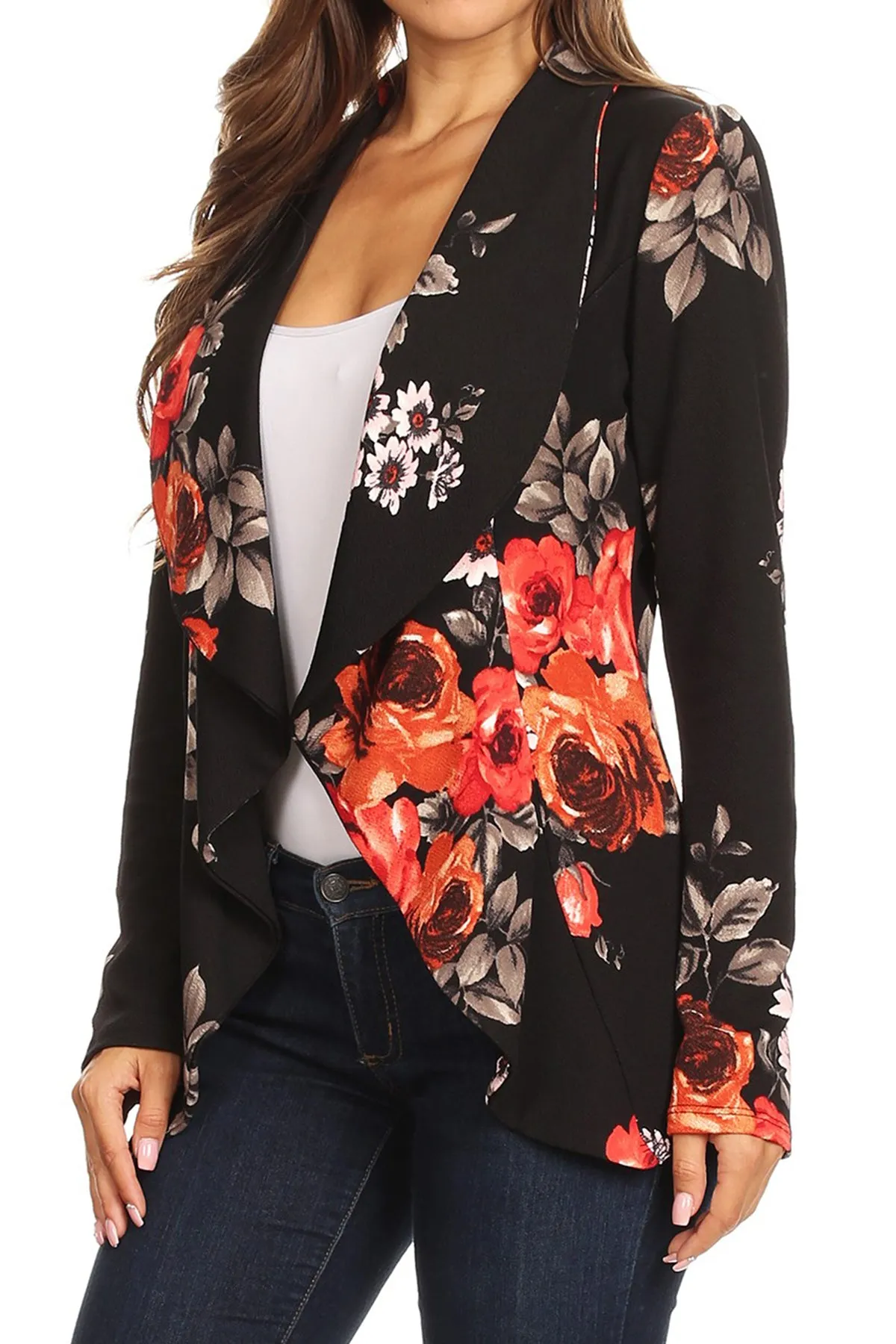 Women's Classic Floral Draped Open Front Lightweight Long Sleeve Blazer Jacket