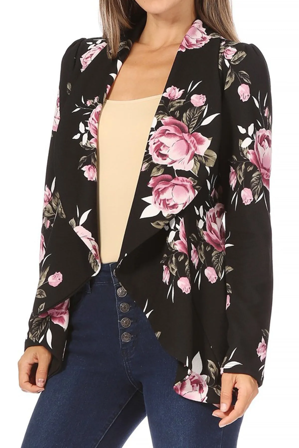 Women's Classic Floral Draped Open Front Lightweight Long Sleeve Blazer Jacket