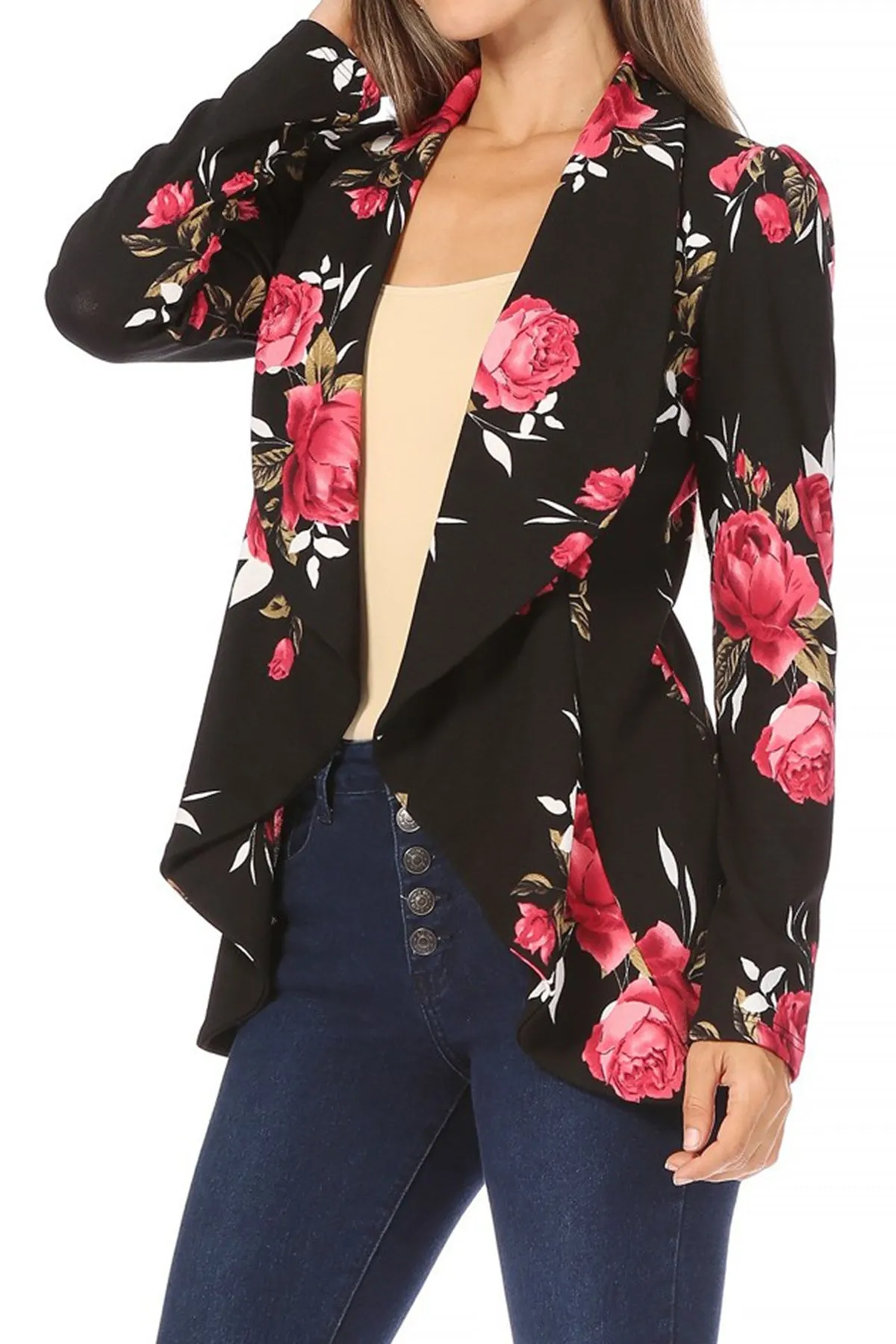 Women's Classic Floral Draped Open Front Lightweight Long Sleeve Blazer Jacket