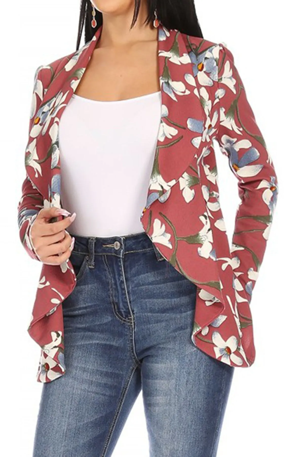 Women's Classic Floral Draped Open Front Lightweight Long Sleeve Blazer Jacket