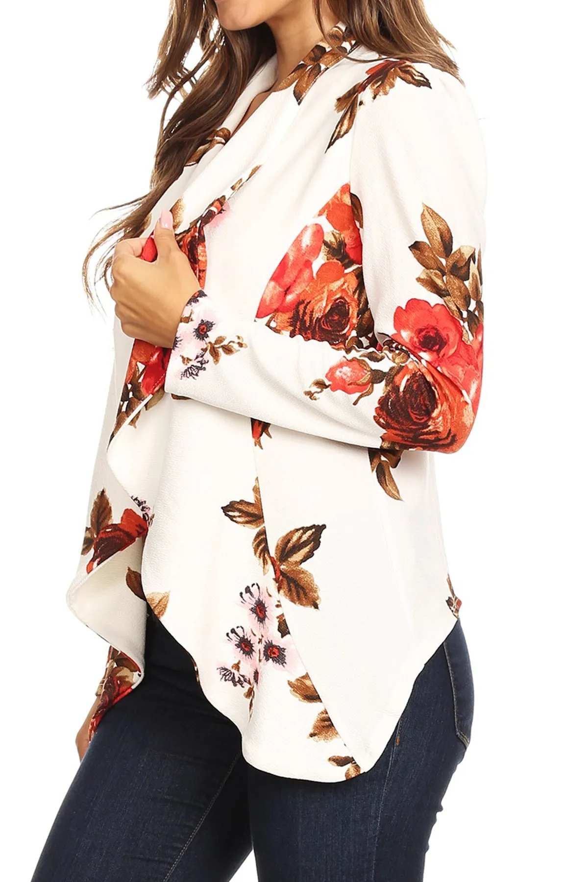 Women's Classic Floral Draped Open Front Lightweight Long Sleeve Blazer Jacket