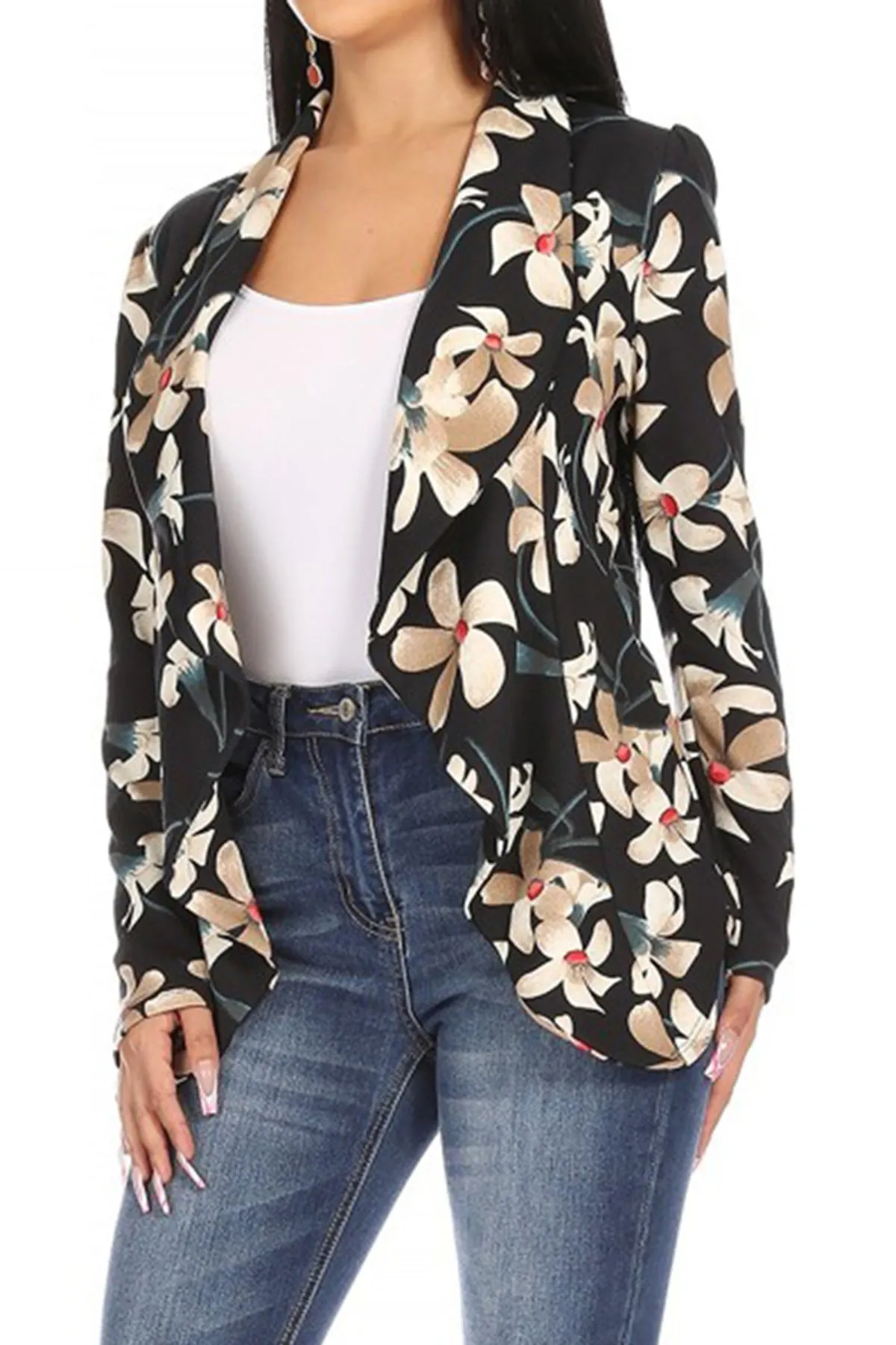 Women's Classic Floral Draped Open Front Lightweight Long Sleeve Blazer Jacket