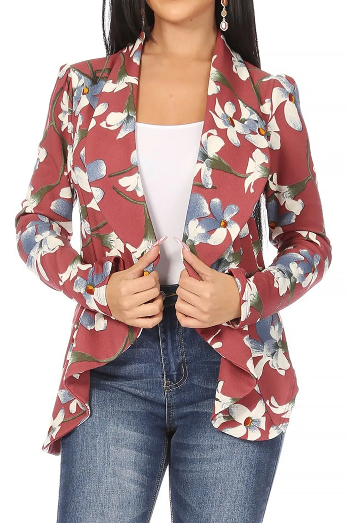 Women's Classic Floral Draped Open Front Lightweight Long Sleeve Blazer Jacket