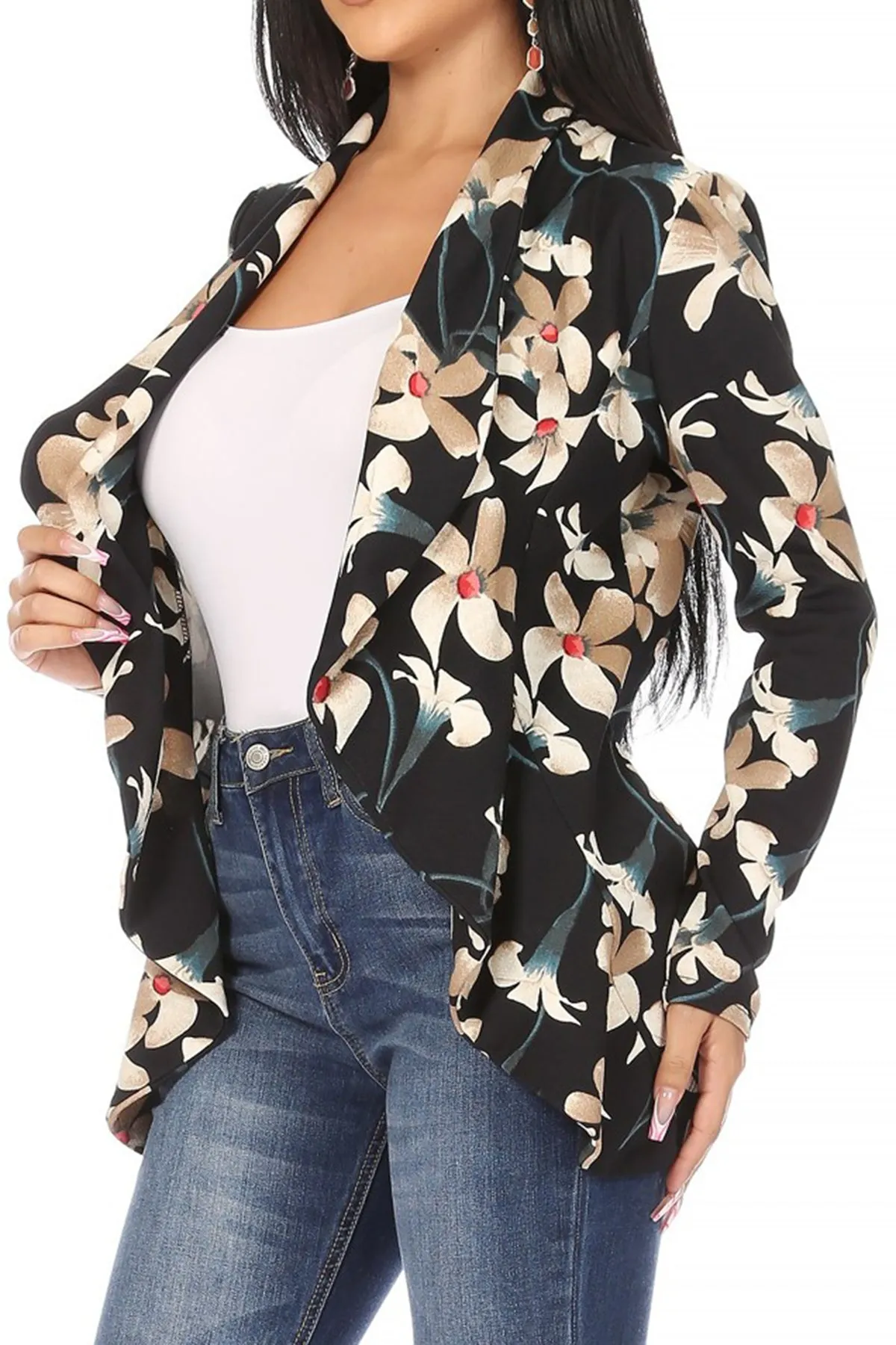 Women's Classic Floral Draped Open Front Lightweight Long Sleeve Blazer Jacket
