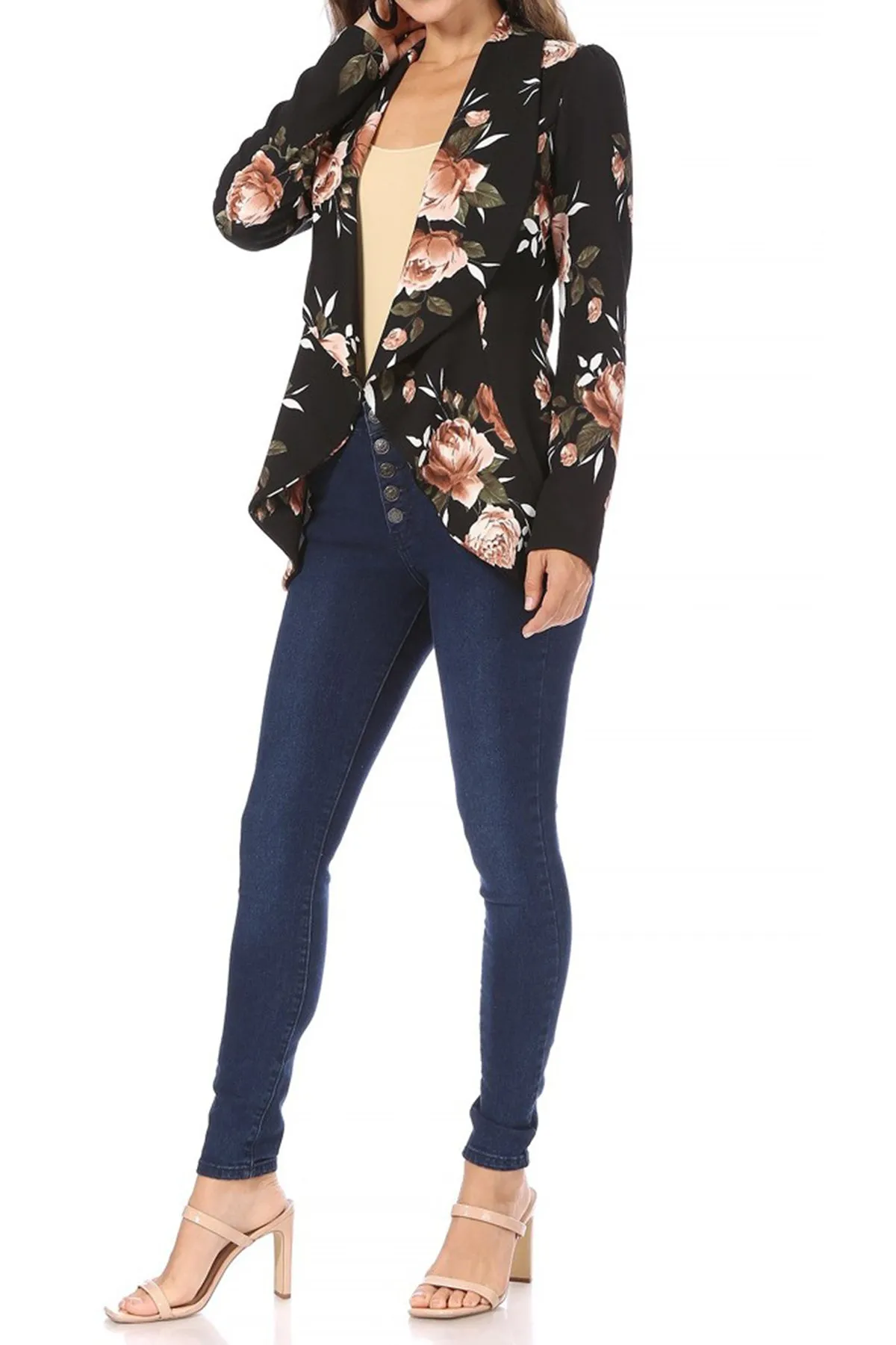 Women's Classic Floral Draped Open Front Lightweight Long Sleeve Blazer Jacket