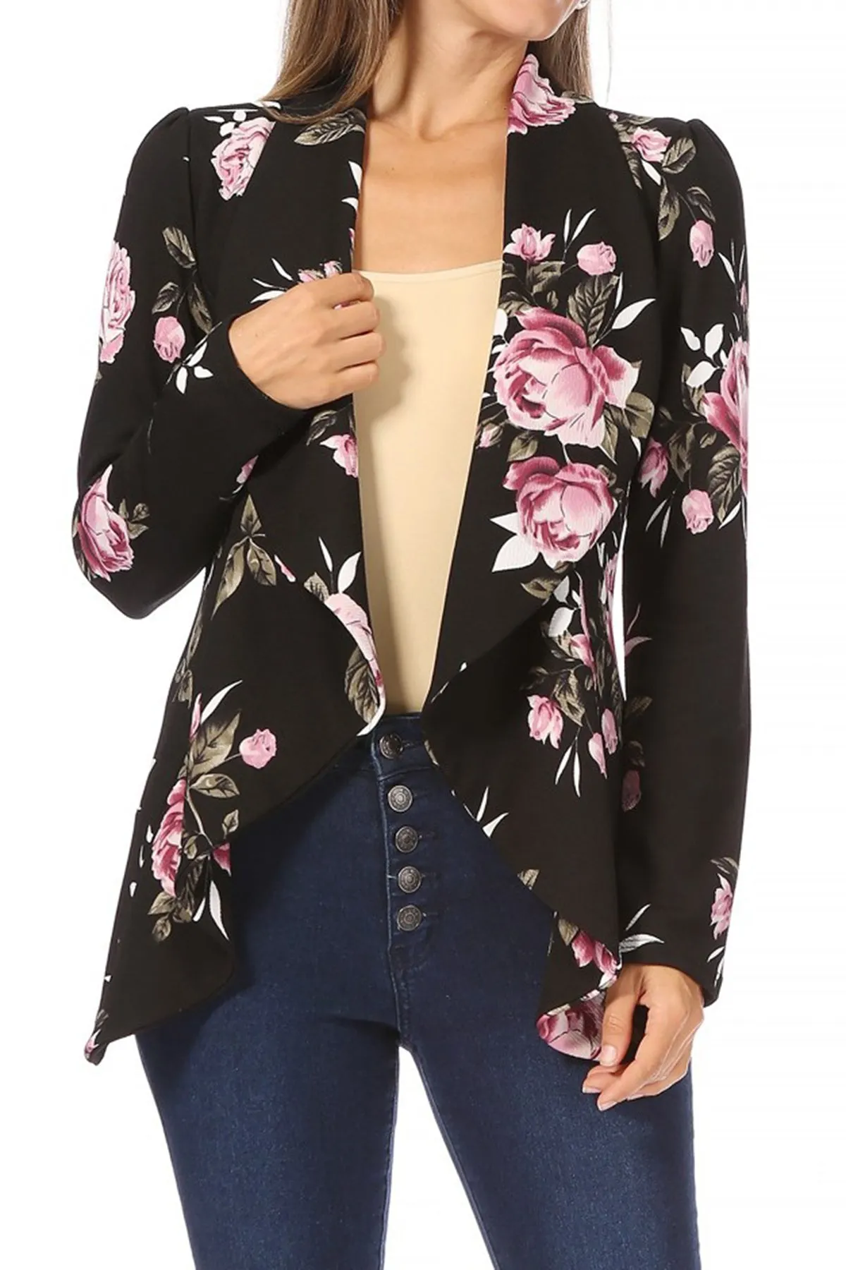 Women's Classic Floral Draped Open Front Lightweight Long Sleeve Blazer Jacket