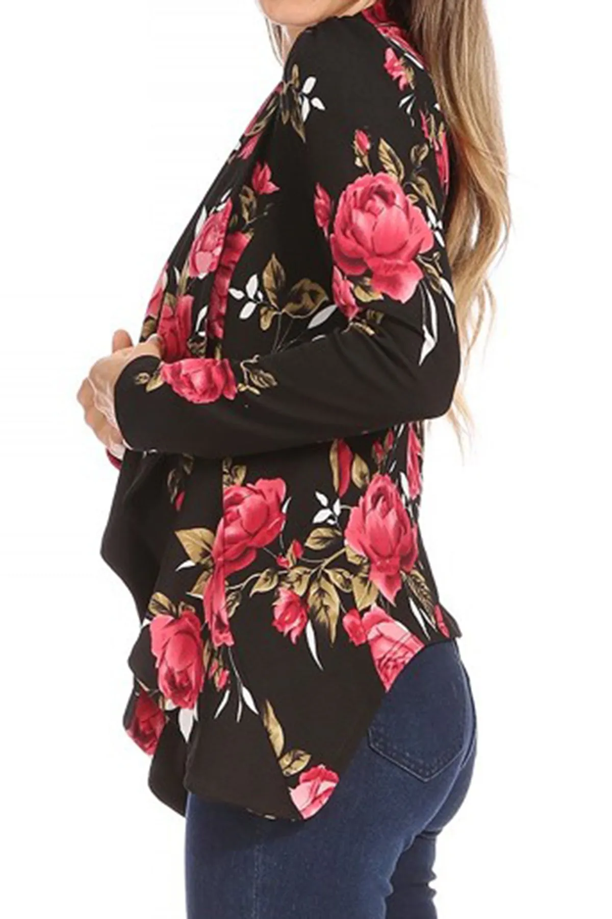 Women's Classic Floral Draped Open Front Lightweight Long Sleeve Blazer Jacket