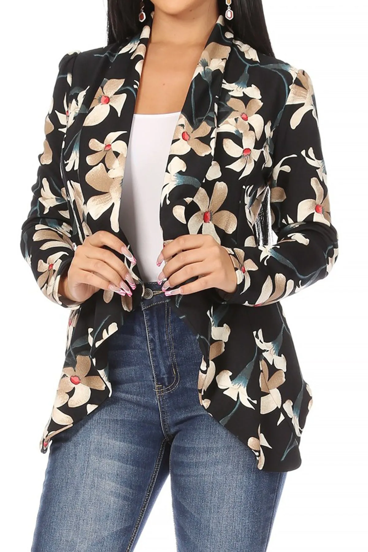 Women's Classic Floral Draped Open Front Lightweight Long Sleeve Blazer Jacket