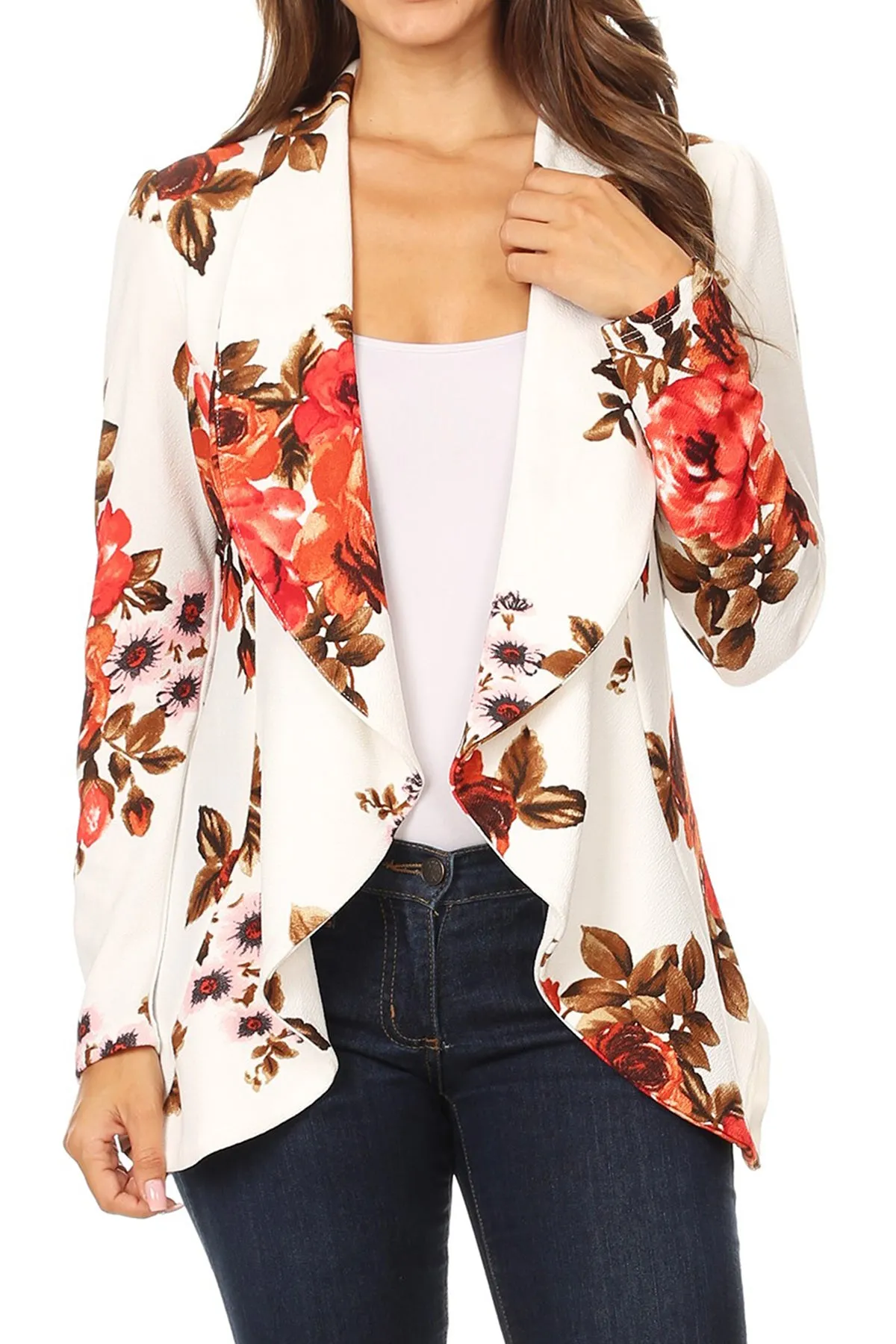 Women's Classic Floral Draped Open Front Lightweight Long Sleeve Blazer Jacket