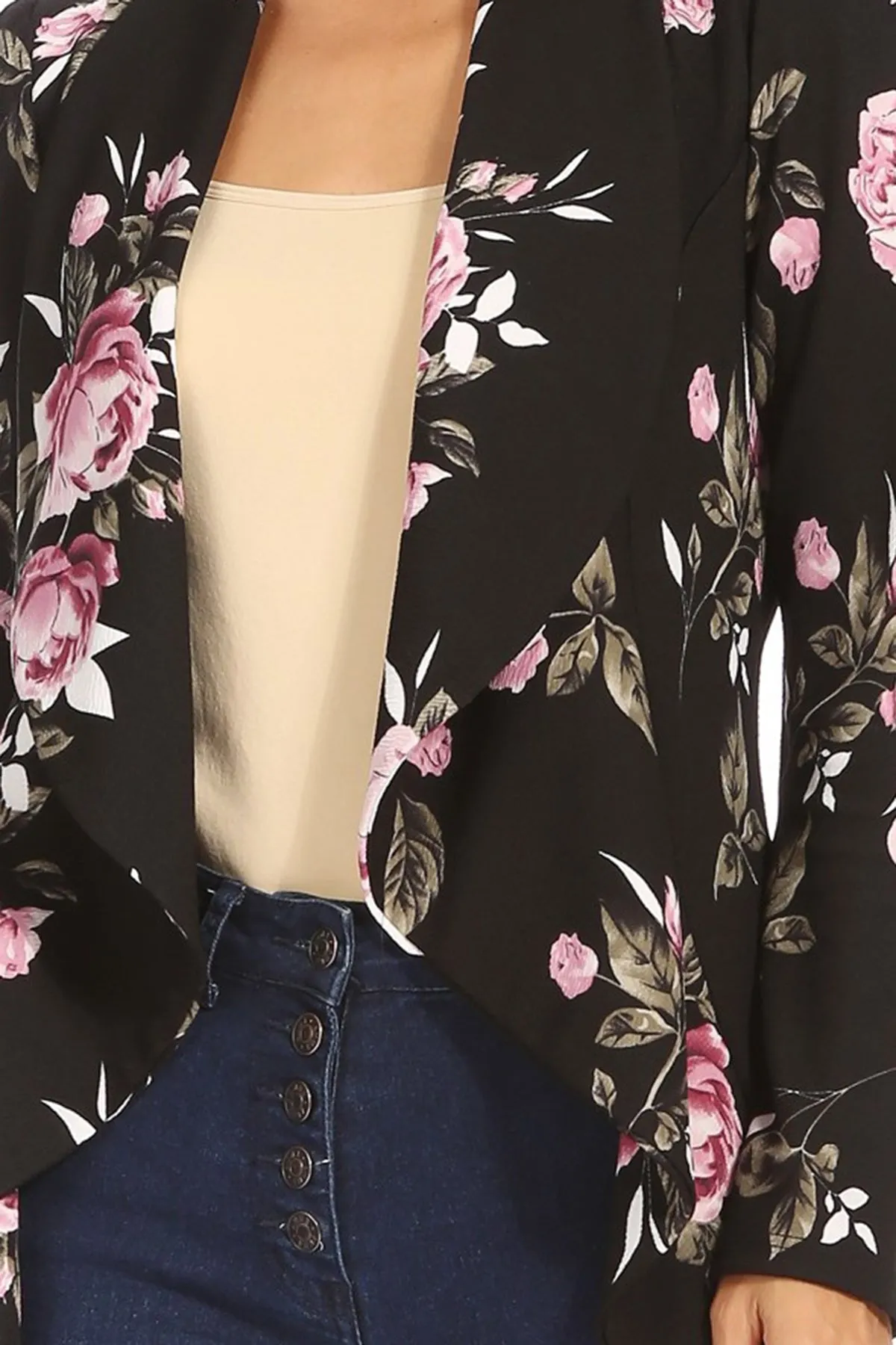 Women's Classic Floral Draped Open Front Lightweight Long Sleeve Blazer Jacket