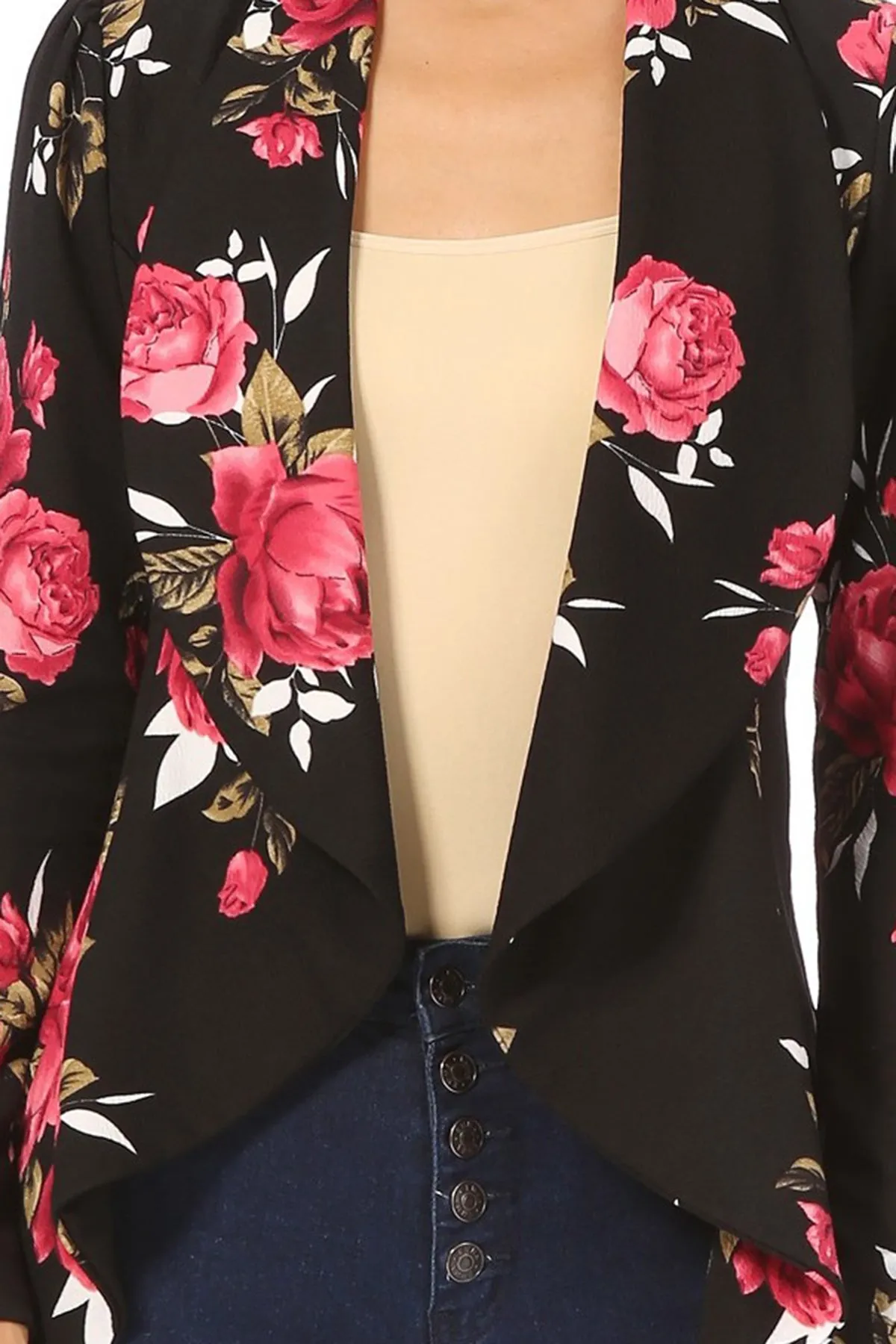 Women's Classic Floral Draped Open Front Lightweight Long Sleeve Blazer Jacket