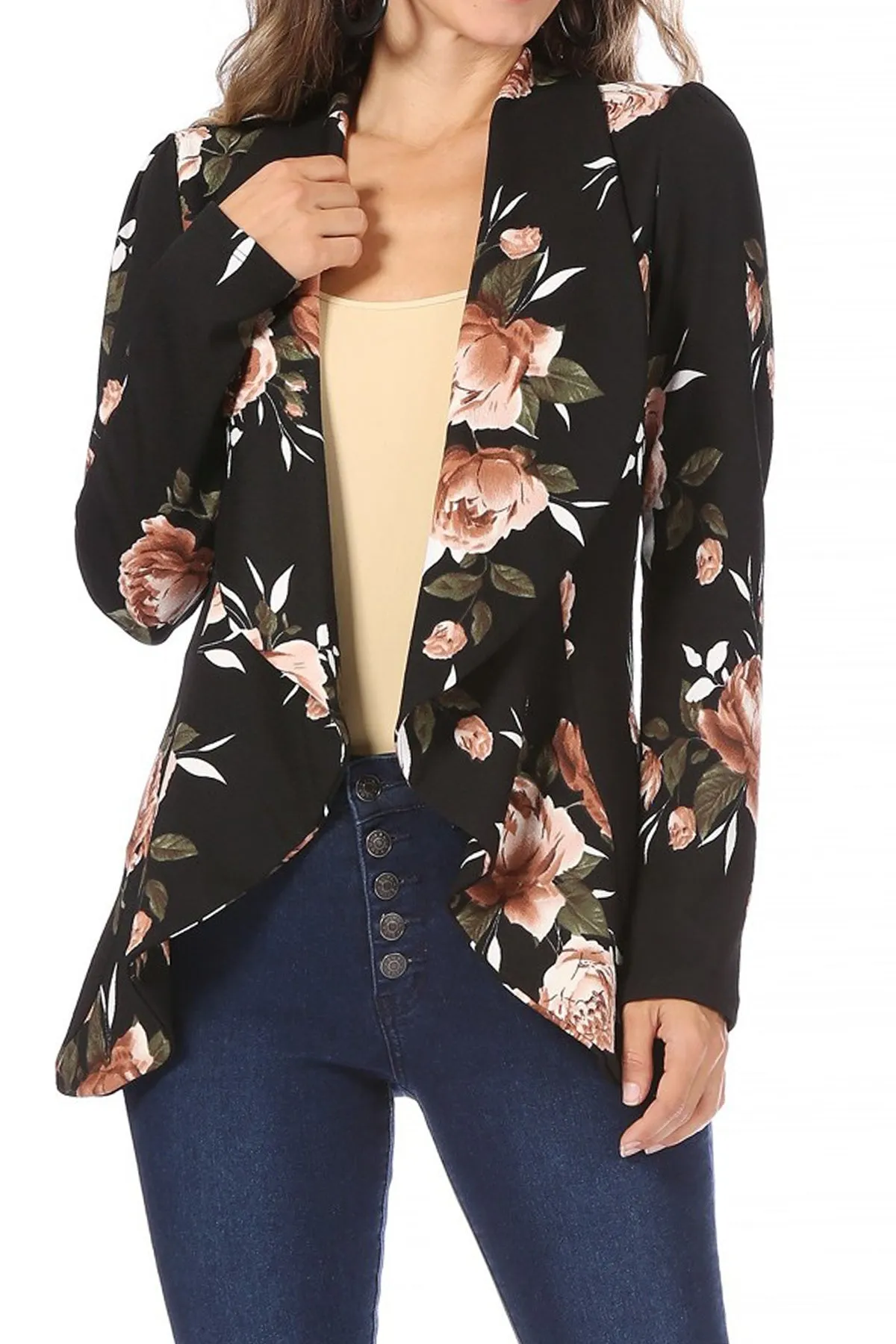 Women's Classic Floral Draped Open Front Lightweight Long Sleeve Blazer Jacket
