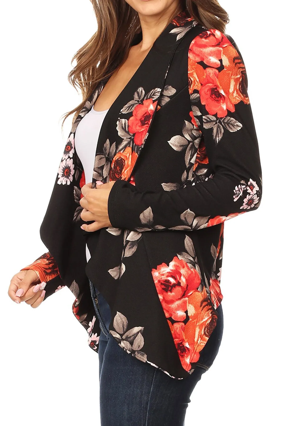 Women's Classic Floral Draped Open Front Lightweight Long Sleeve Blazer Jacket