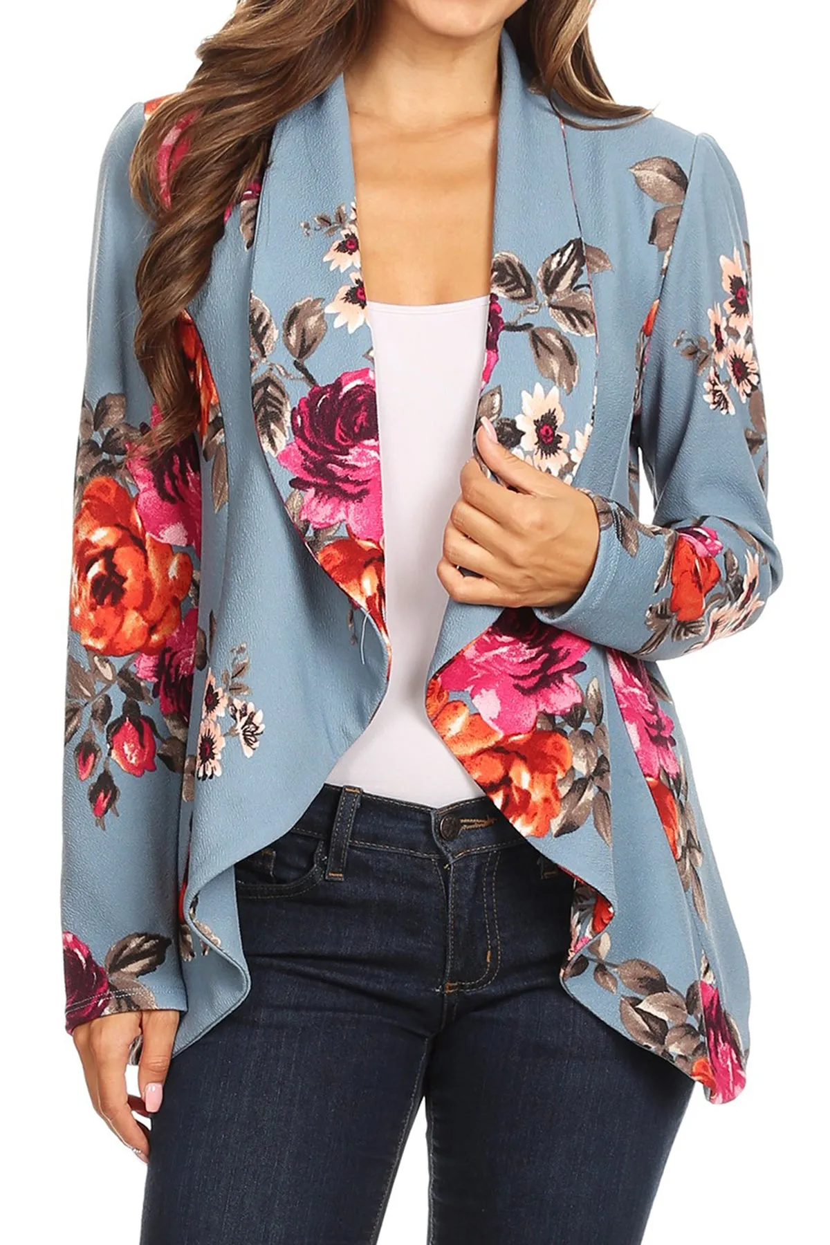 Women's Classic Floral Draped Open Front Lightweight Long Sleeve Blazer Jacket
