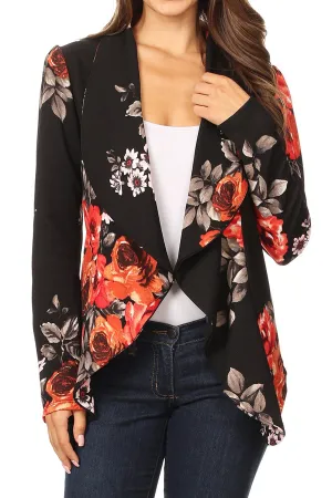 Women's Classic Floral Draped Open Front Lightweight Long Sleeve Blazer Jacket